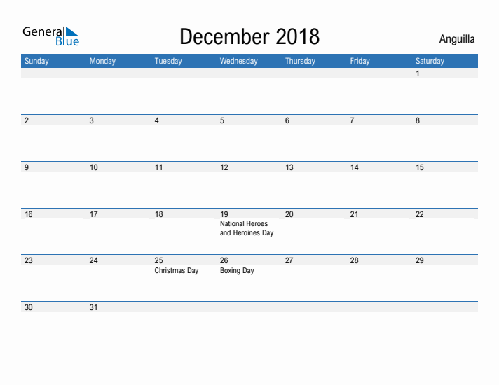 Fillable December 2018 Calendar