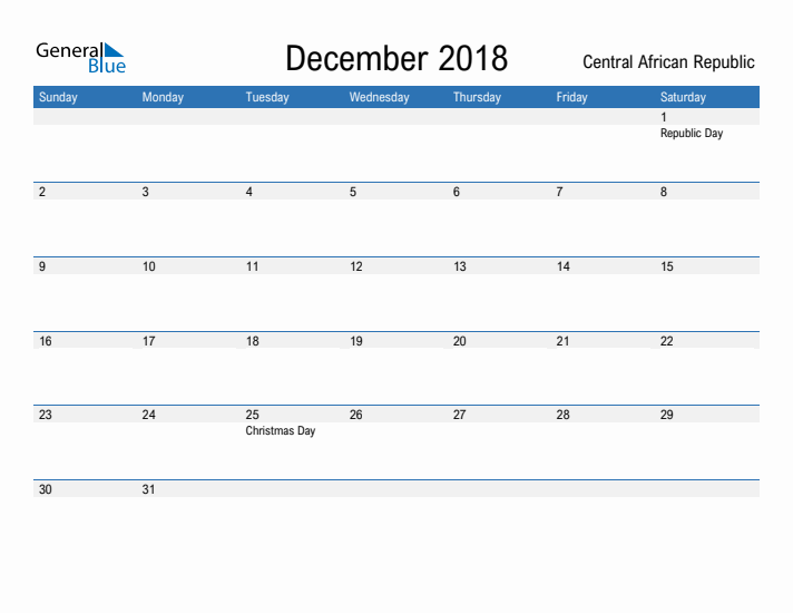 Fillable December 2018 Calendar