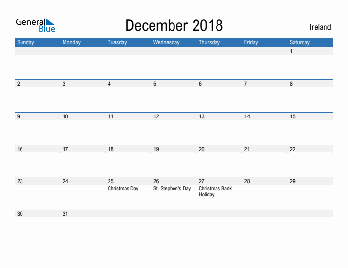 Fillable December 2018 Calendar