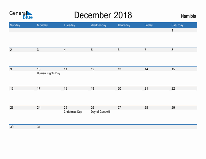 Fillable December 2018 Calendar