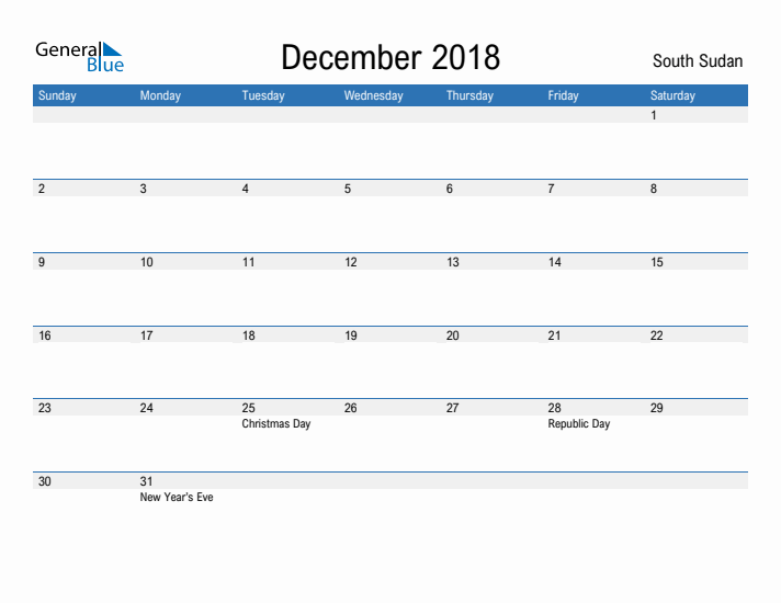 Fillable December 2018 Calendar