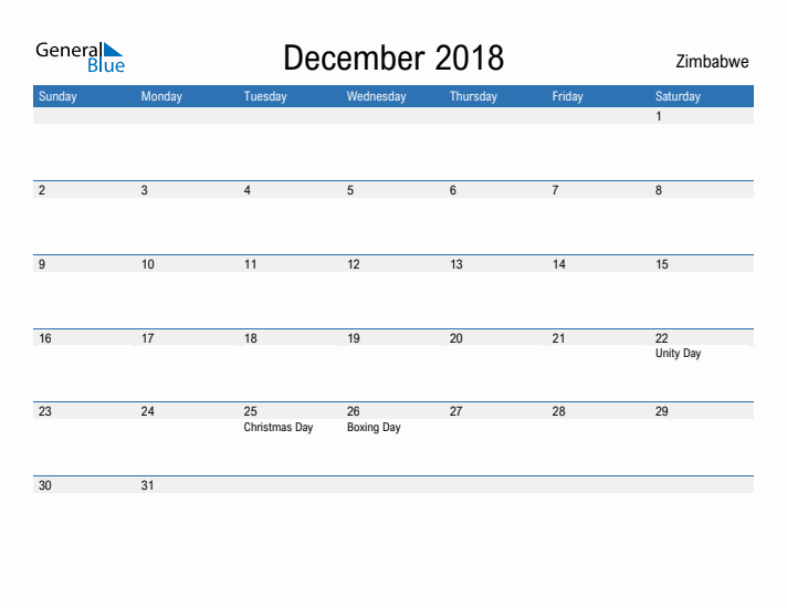 Fillable December 2018 Calendar