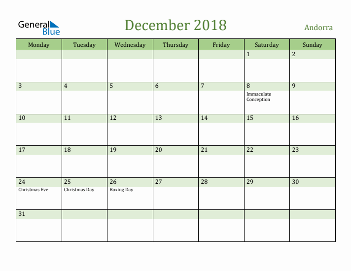 December 2018 Calendar with Andorra Holidays