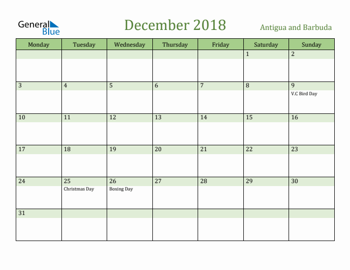 December 2018 Calendar with Antigua and Barbuda Holidays