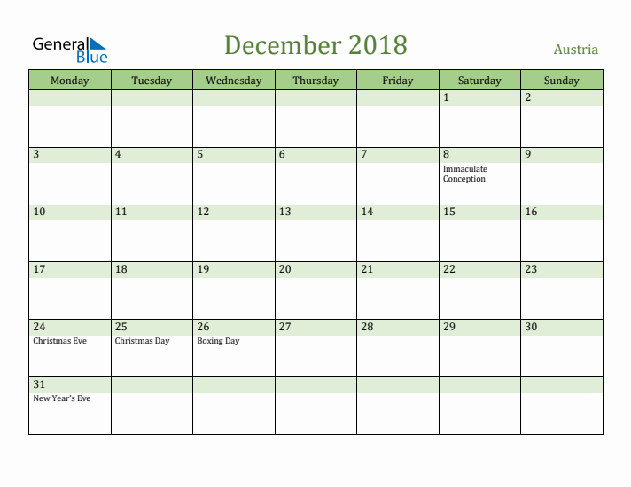 December 2018 Calendar with Austria Holidays