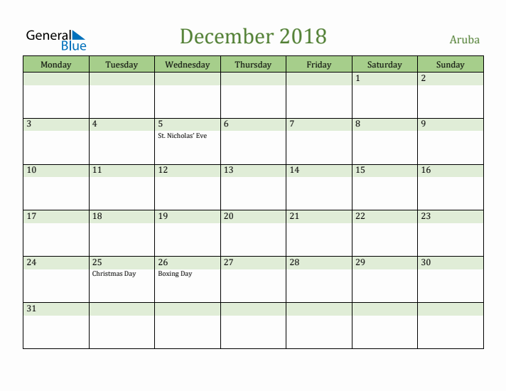 December 2018 Calendar with Aruba Holidays