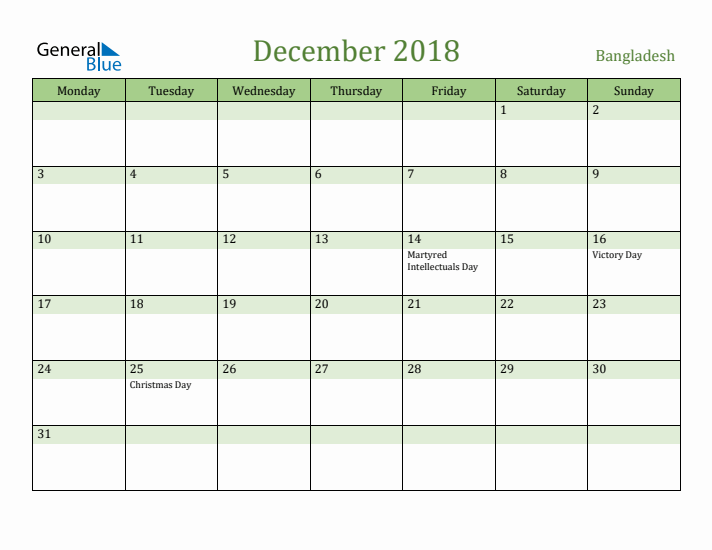 December 2018 Calendar with Bangladesh Holidays