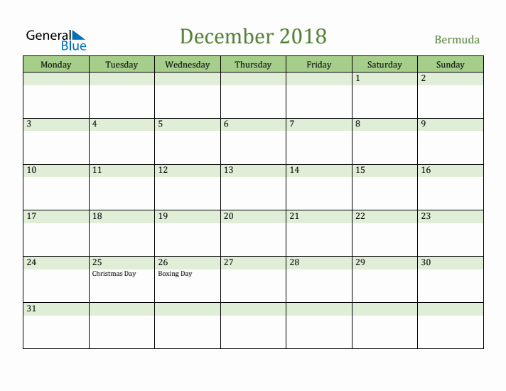 December 2018 Calendar with Bermuda Holidays