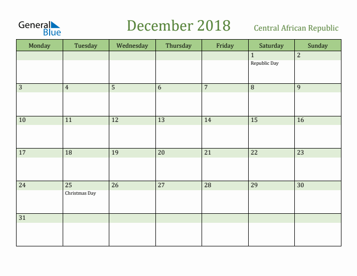 December 2018 Calendar with Central African Republic Holidays