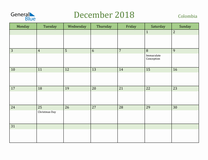 December 2018 Calendar with Colombia Holidays