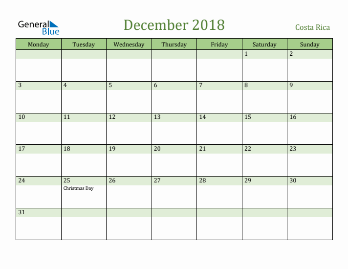 December 2018 Calendar with Costa Rica Holidays