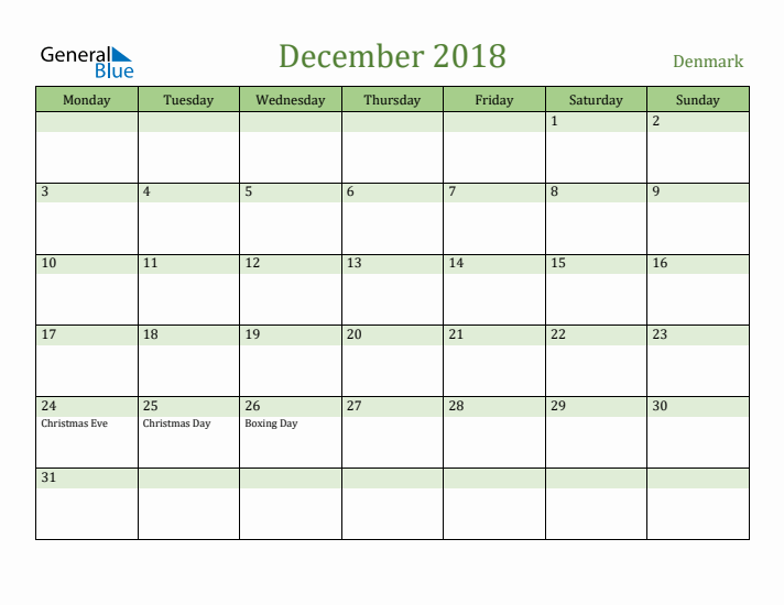 December 2018 Calendar with Denmark Holidays