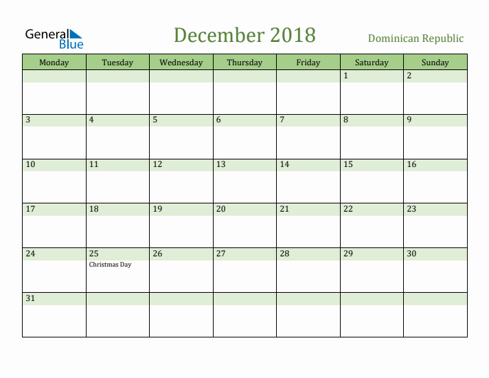 December 2018 Calendar with Dominican Republic Holidays