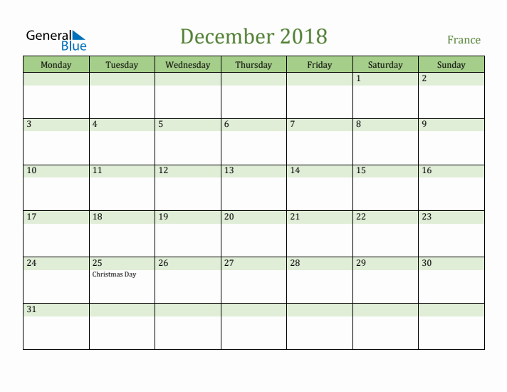 December 2018 Calendar with France Holidays