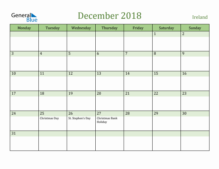 December 2018 Calendar with Ireland Holidays