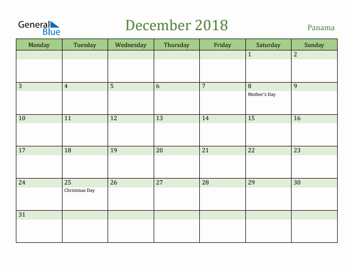 December 2018 Calendar with Panama Holidays