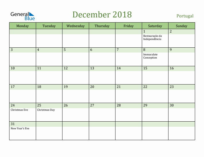 December 2018 Calendar with Portugal Holidays