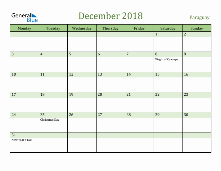 December 2018 Calendar with Paraguay Holidays