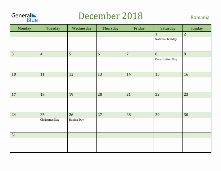 December 2018 Calendar with Romania Holidays