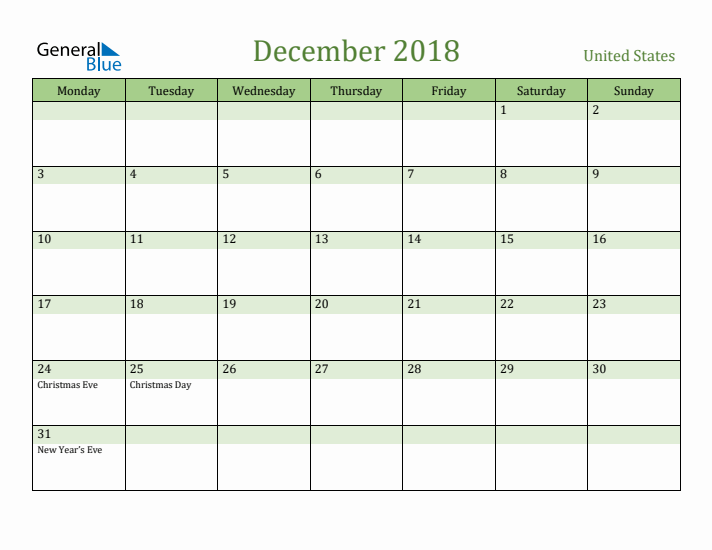 December 2018 Calendar with United States Holidays