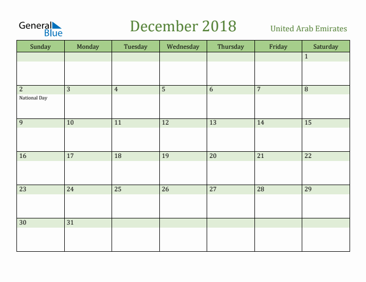 December 2018 Calendar with United Arab Emirates Holidays