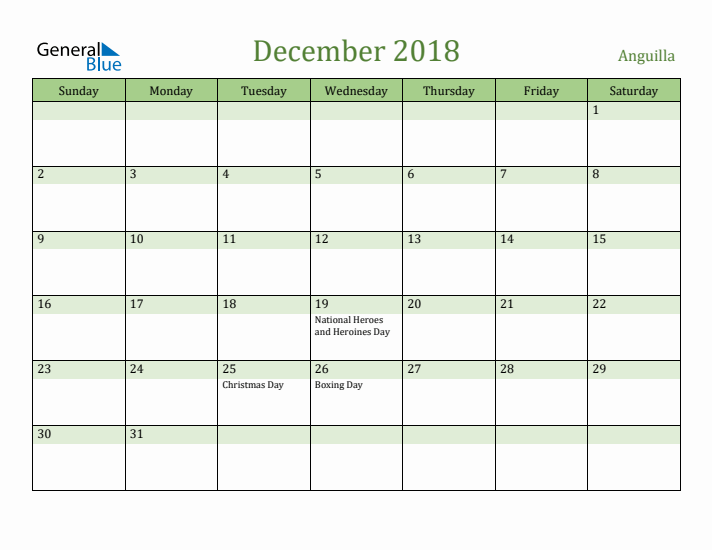 December 2018 Calendar with Anguilla Holidays