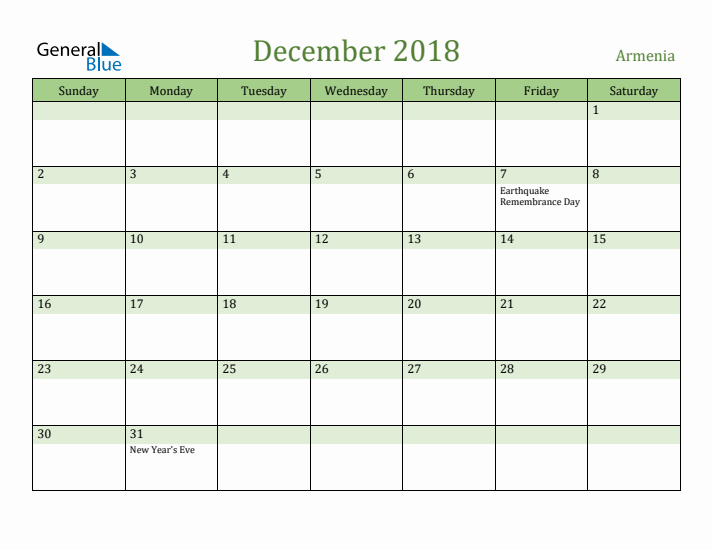 December 2018 Calendar with Armenia Holidays