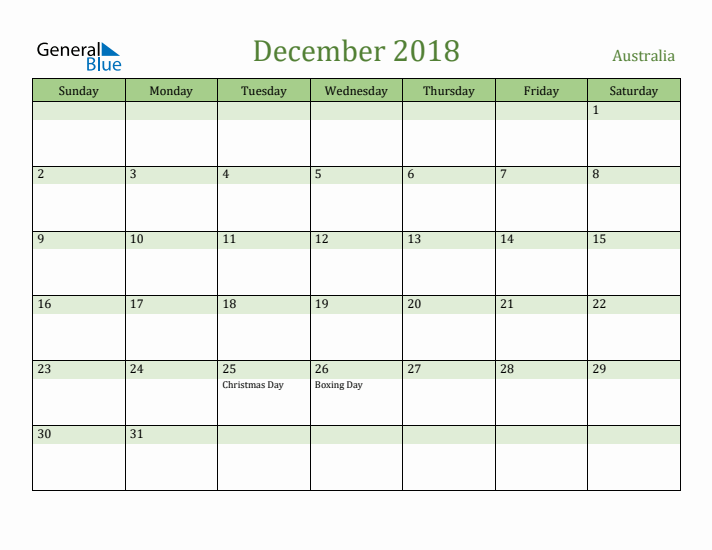 December 2018 Calendar with Australia Holidays