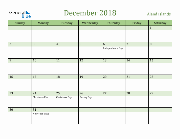 December 2018 Calendar with Aland Islands Holidays