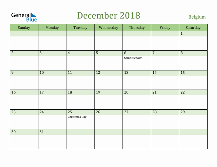 December 2018 Calendar with Belgium Holidays