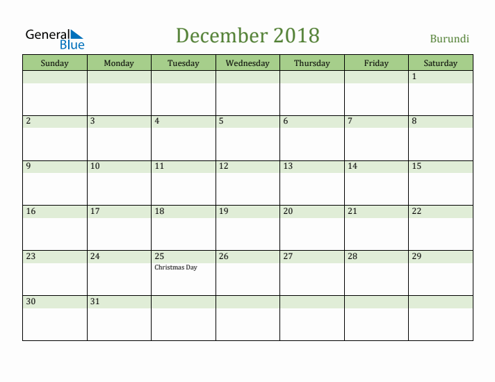 December 2018 Calendar with Burundi Holidays