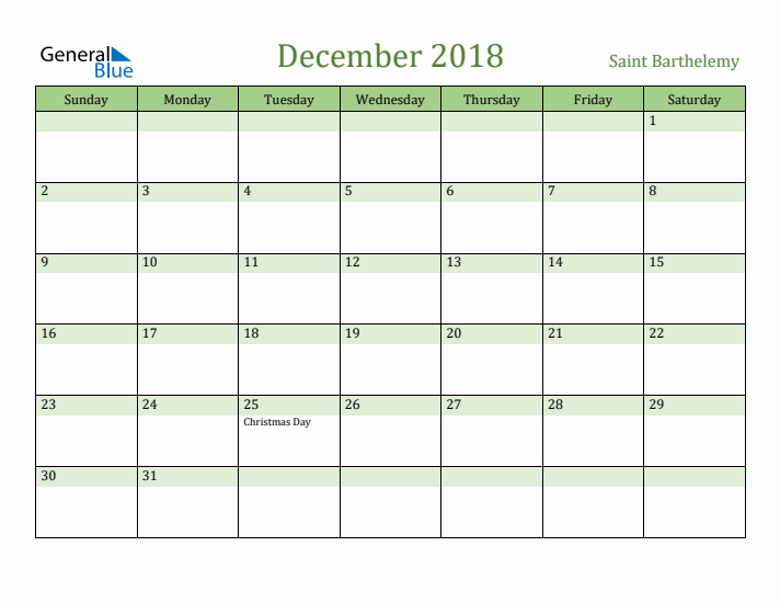 December 2018 Calendar with Saint Barthelemy Holidays