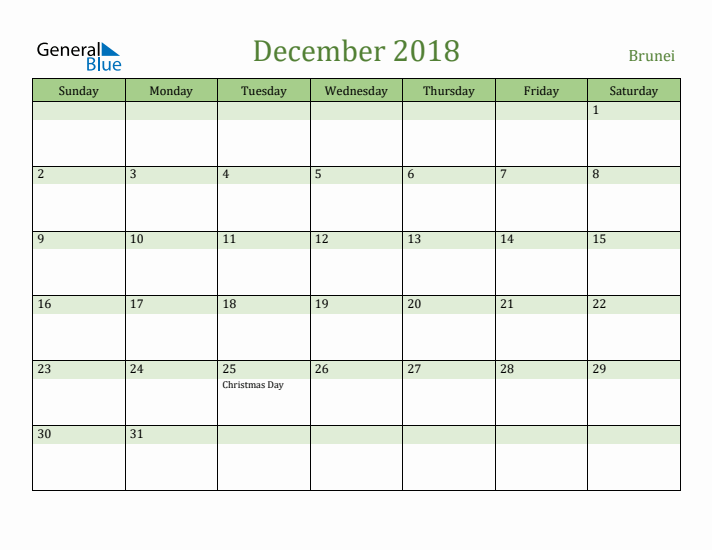 December 2018 Calendar with Brunei Holidays