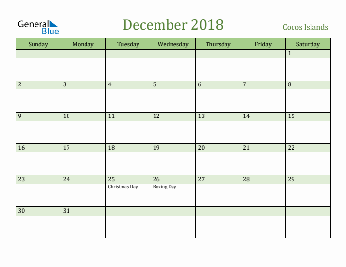 December 2018 Calendar with Cocos Islands Holidays