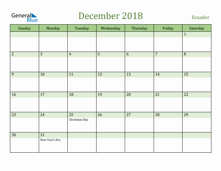 December 2018 Calendar with Ecuador Holidays