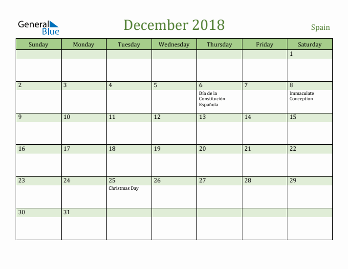 December 2018 Calendar with Spain Holidays