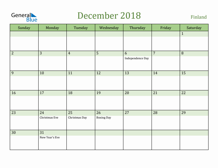 December 2018 Calendar with Finland Holidays