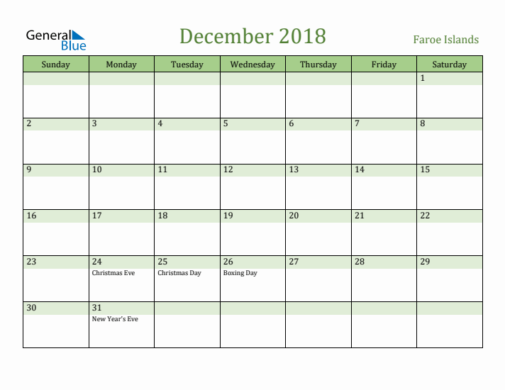 December 2018 Calendar with Faroe Islands Holidays