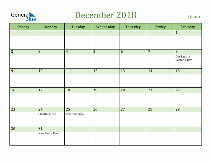 December 2018 Calendar with Guam Holidays