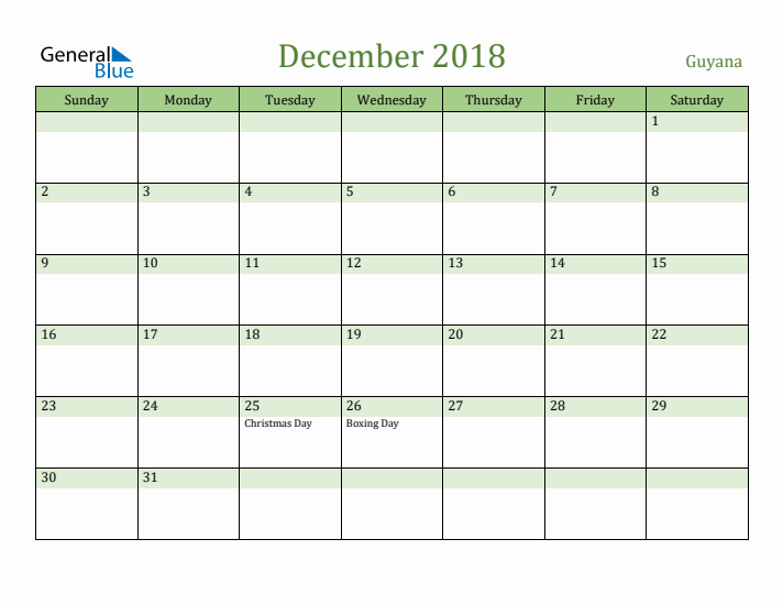 December 2018 Calendar with Guyana Holidays