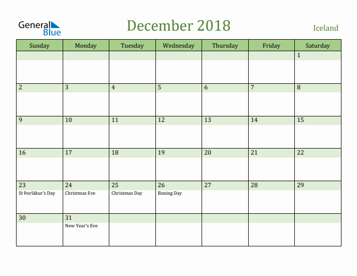 December 2018 Calendar with Iceland Holidays