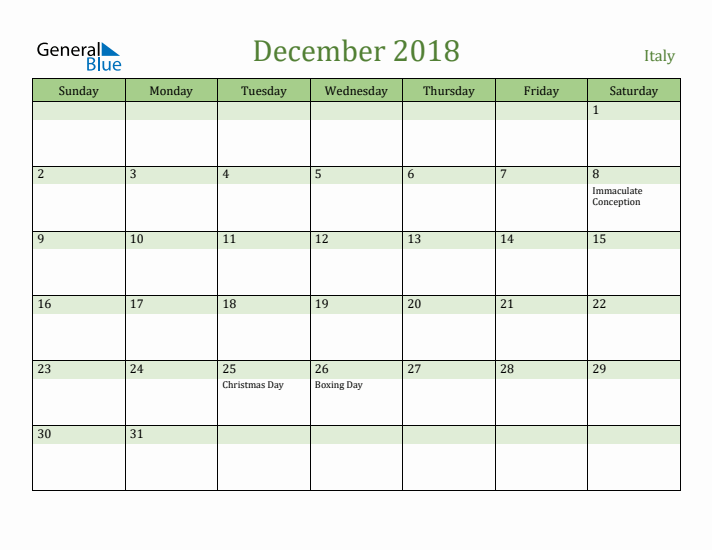 December 2018 Calendar with Italy Holidays