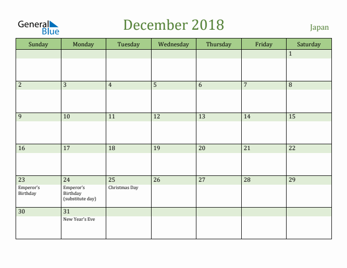 December 2018 Calendar with Japan Holidays