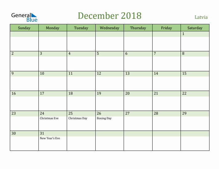 December 2018 Calendar with Latvia Holidays