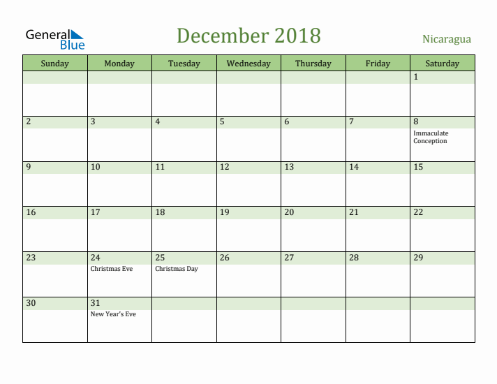 December 2018 Calendar with Nicaragua Holidays