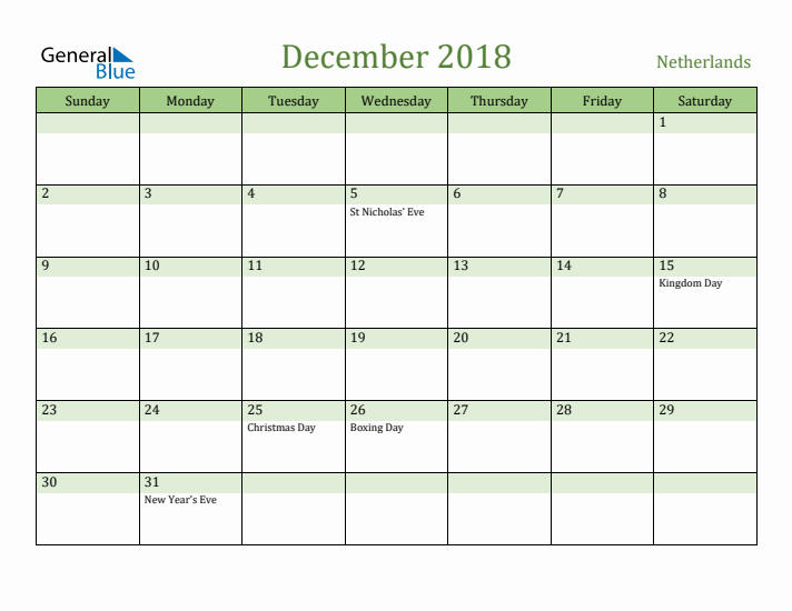 December 2018 Calendar with The Netherlands Holidays