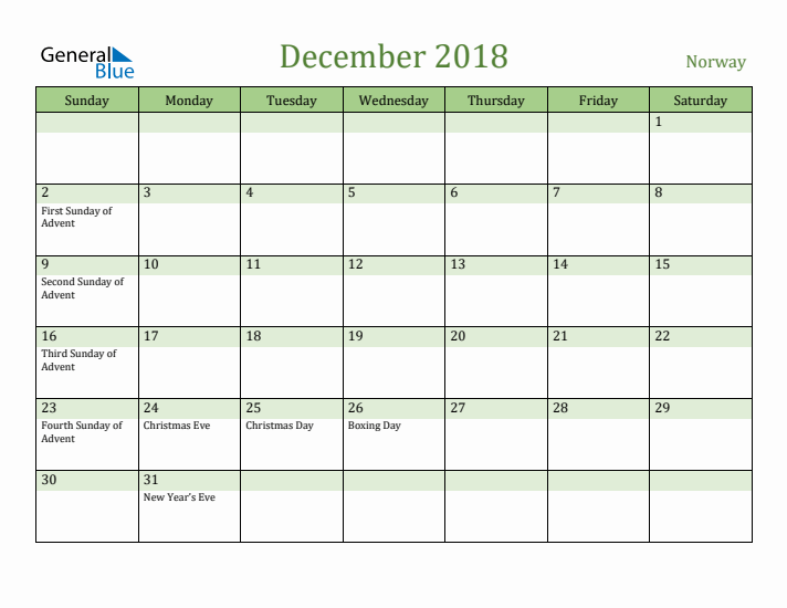 December 2018 Calendar with Norway Holidays