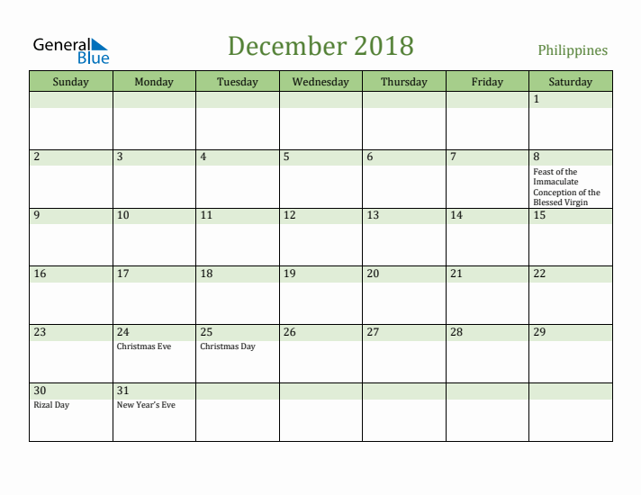 December 2018 Calendar with Philippines Holidays