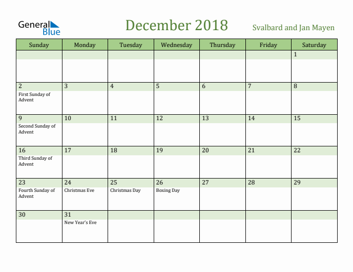 December 2018 Calendar with Svalbard and Jan Mayen Holidays