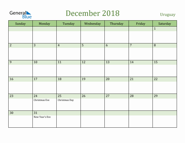 December 2018 Calendar with Uruguay Holidays